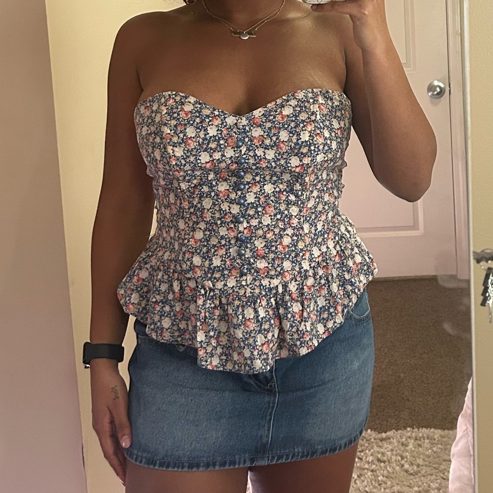 MONTEAU Floral print corset top with ruffles